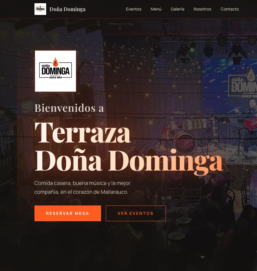 Sitio web de Terraza Doña Dominga con reservas y eventos